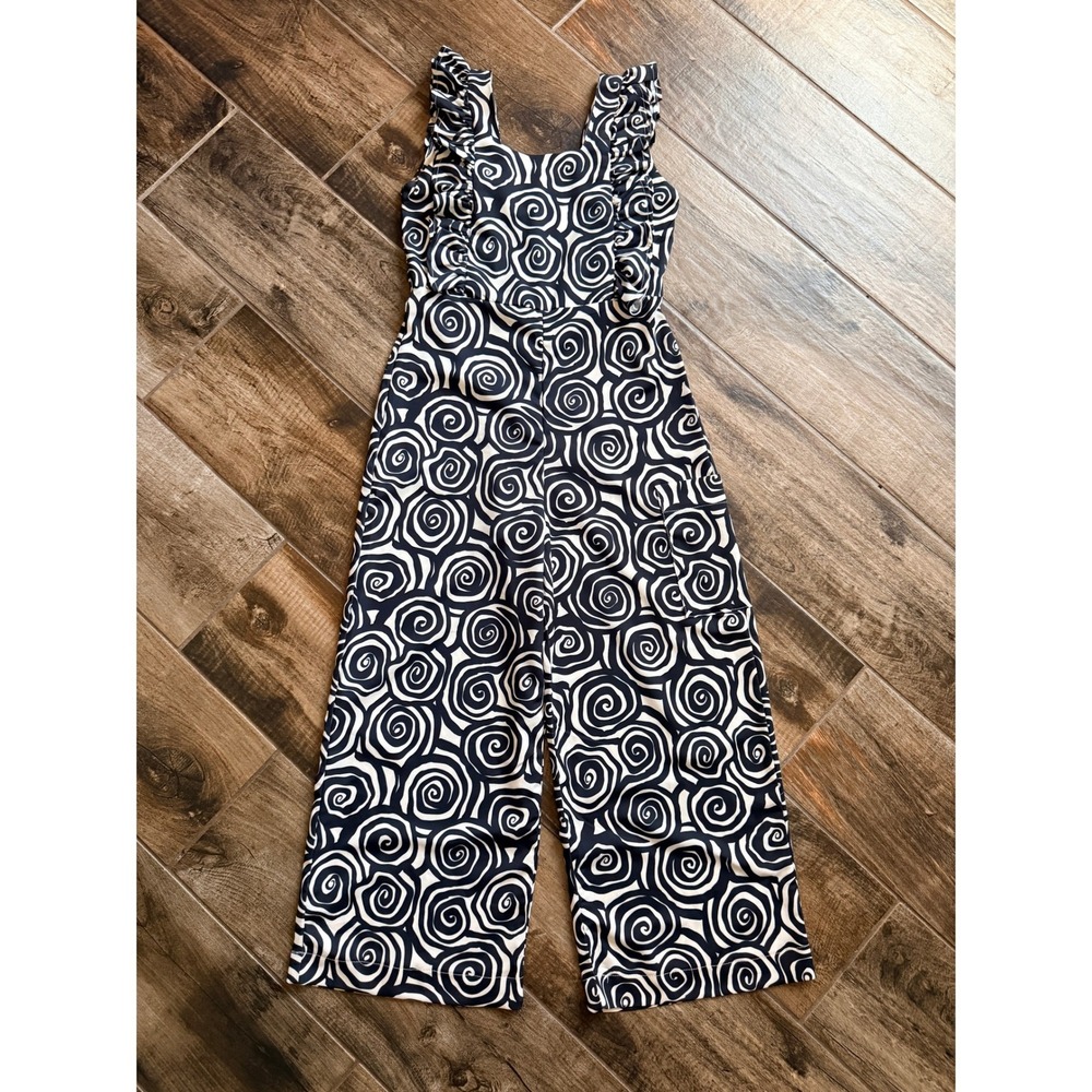 Dazey LA Abstract Swirl Rose Print Wide Leg Ruffle Jumpsuit ,Black White, Small